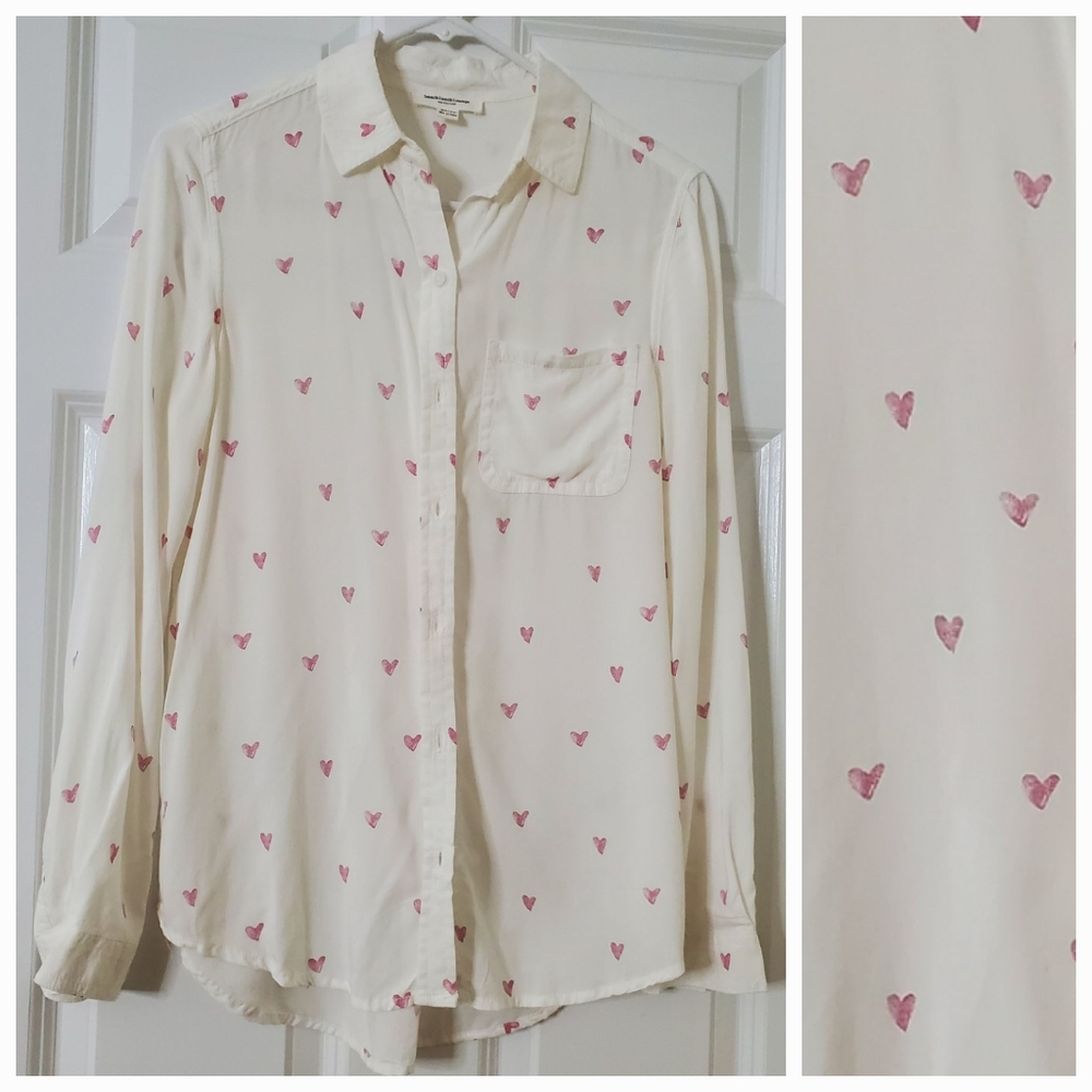 NWOT Beachlunchlounge Viscose Button Down Shirt/Blouse Heart Print Size XS